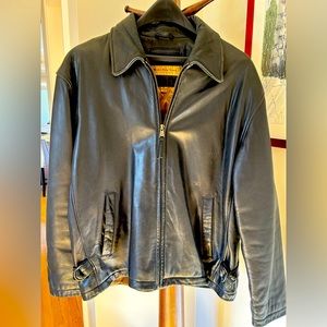 Andrew Marc mens black leather jacket with warm lining, size medium